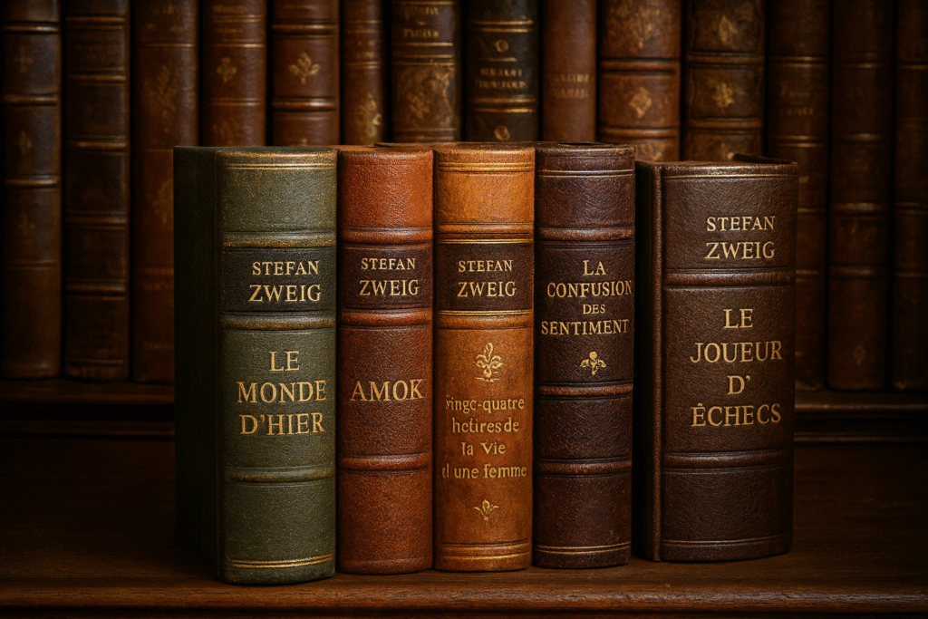 Livres de Stefan Zweig en reliures anciennes : Le Monde d’hier, Amok, Vingt-quatre heures de la vie d’une femme, La Confusion des sentiments et Le Joueur d’échecs