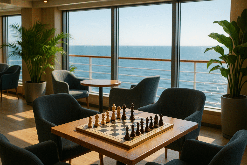 Le Joueur d’échecs. Lounge lumineux de paquebot avec un échiquier prêt pour une partie, vue sur la mer qui illustre le cadre de la nouvelle "Le Joueur d’échecs" de Stefan Zweig