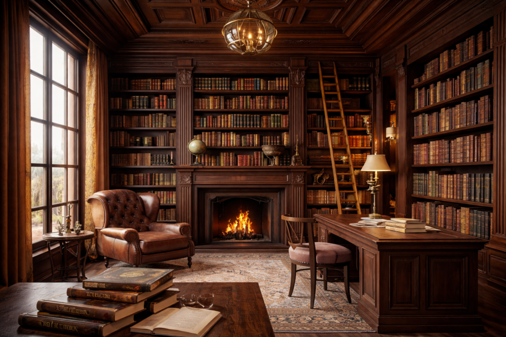 Bibliothèque ancienne en bois avec cheminée et œuvres de Stefan Zweig, illustrant son génie humaniste.