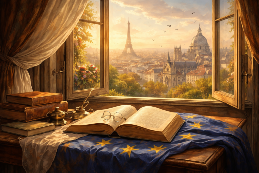 Comprendre Stefan Zweig : livre ouvert sur un bureau face à une ville européenne, symbole de la culture humaniste et de l’Europe intellectuelle