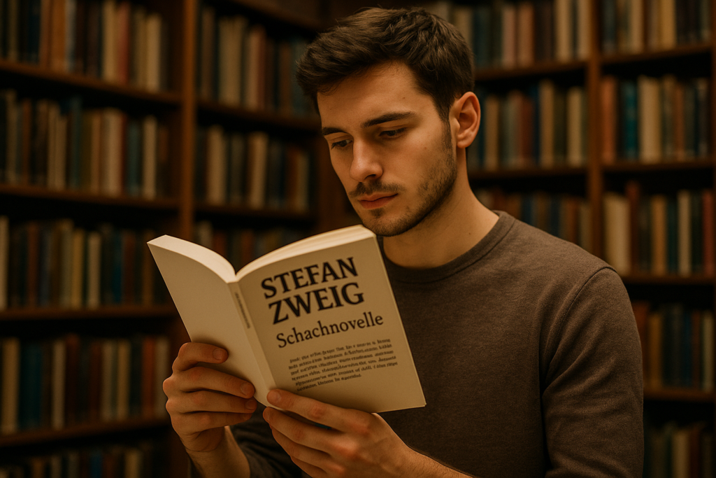 Jeune homme lisant Schachnovelle de Stefan Zweig dans une bibliothèque