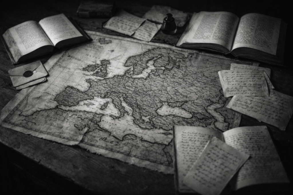 Carte de l’Europe ancienne, livres ouverts, lettres.