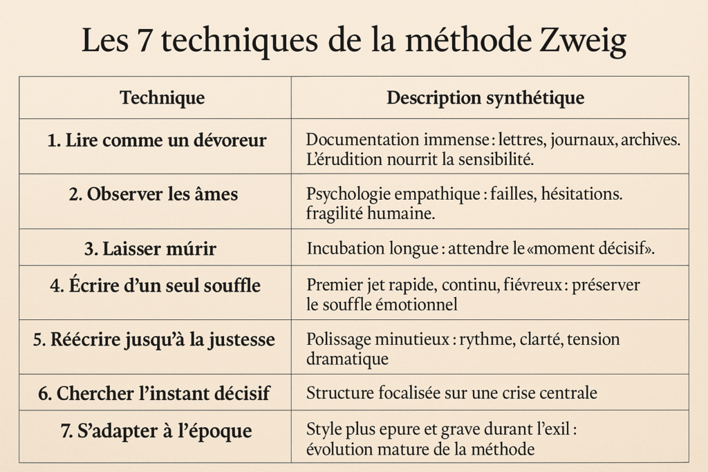 Un tableau illustrant la méthode Zweig en 7 étapes