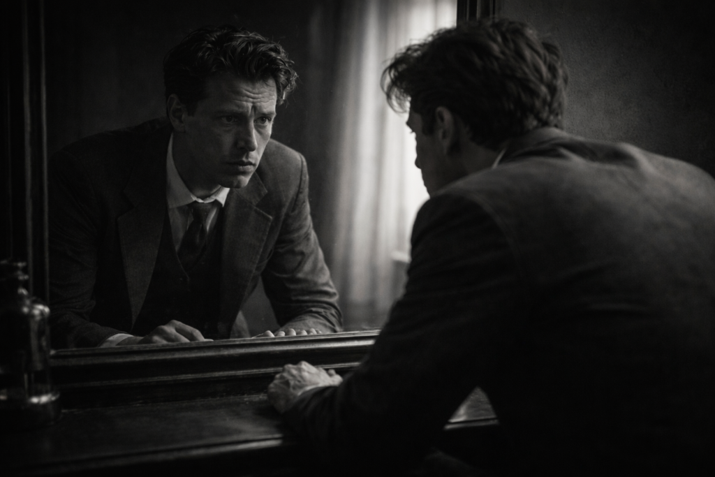 Personnage observant son reflet, expression tendue.