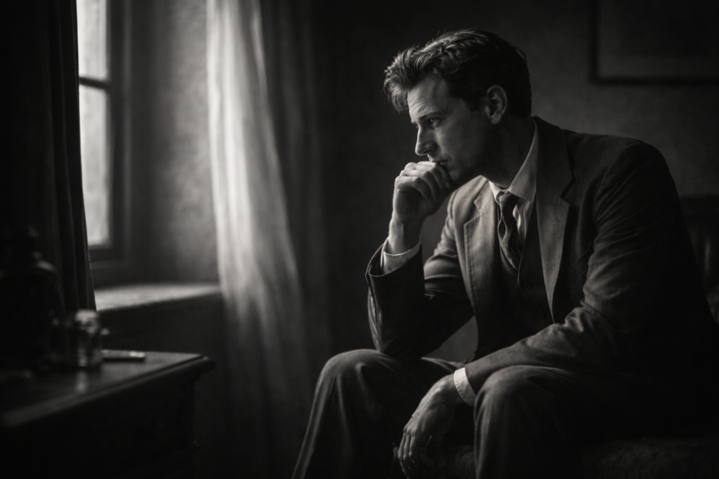 Intérieur sombre, personnage pensif, lumière venant d’une fenêtre.