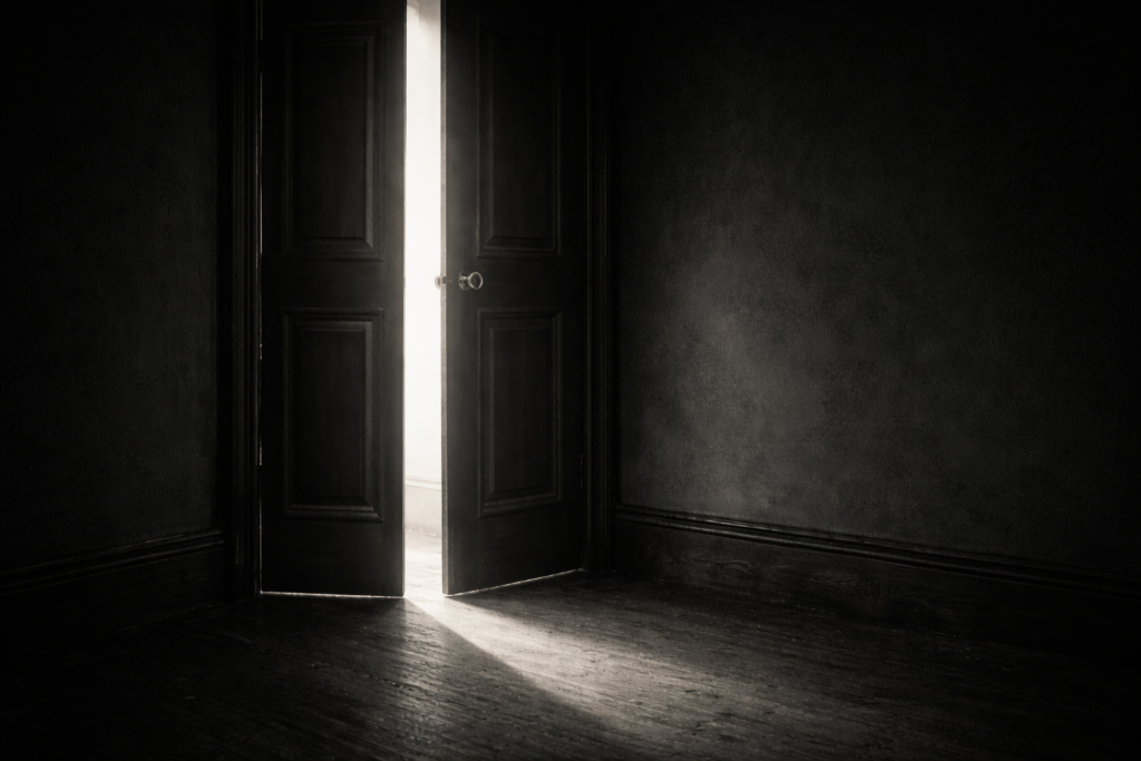 Une porte entrouverte, lumière d’un côté, ombre de l’autre.