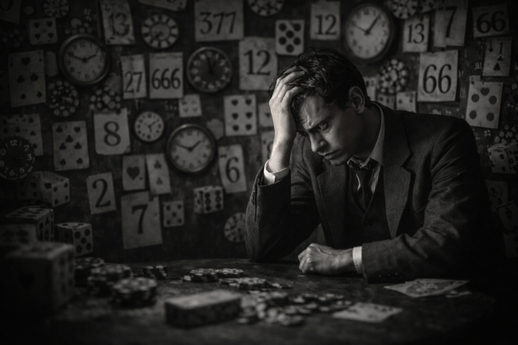 Un homme entouré de symboles répétitifs (jeu, chiffres, motifs).