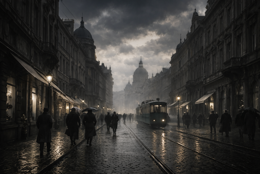 Ville européenne sombre, ciel chargé, sentiment de bascule historique.