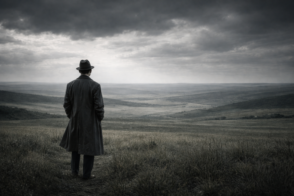 Un homme seul, debout, face à un paysage vaste et ouvert, sans chemins tracés.