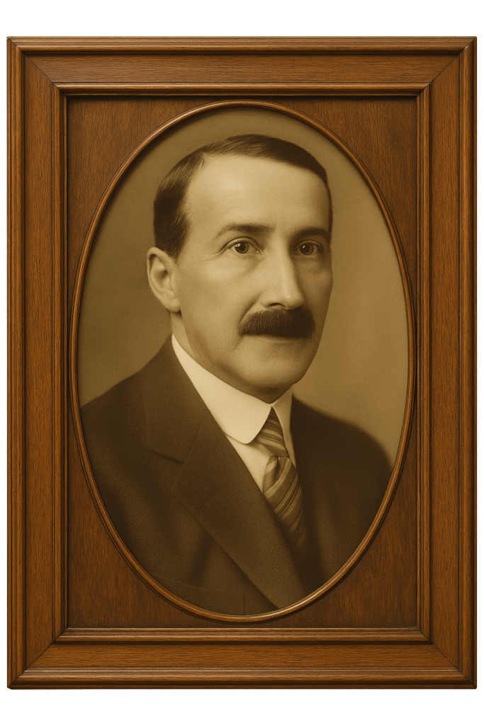 Portrait de Stefan Zweig encadré dans un élégant cadre ovale en bois