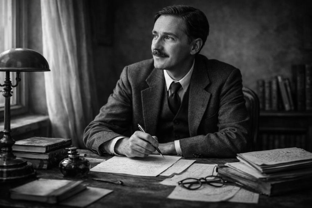 Illustration évoquant la pensée de Stefan Zweig, écrivain humaniste européen, en situation de réflexion et d’écriture