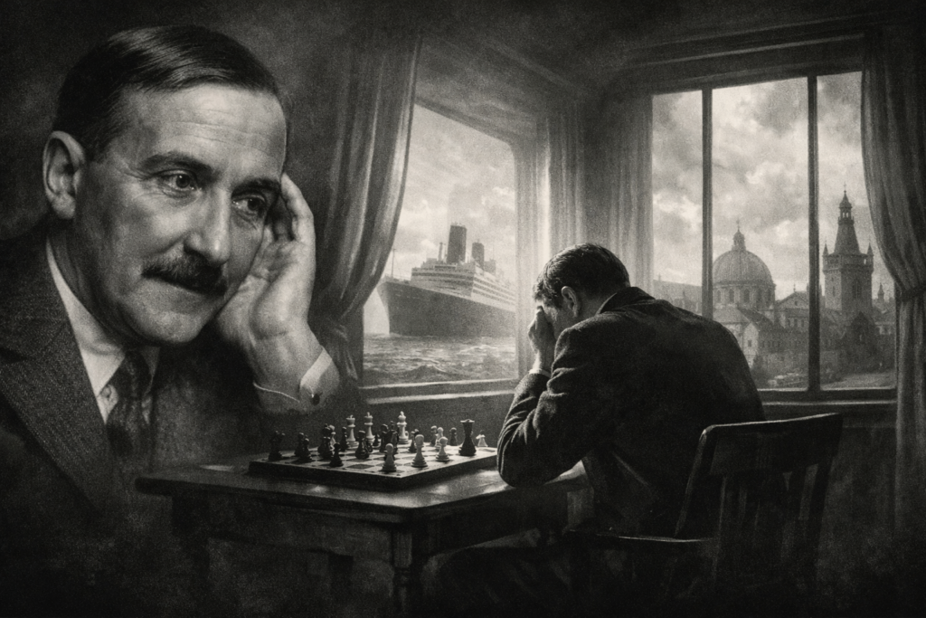 Image illustrant les obsessions de Stefan Zweig : solitude intérieure, obsession mentale, échecs, Europe d’hier et tension psychologique