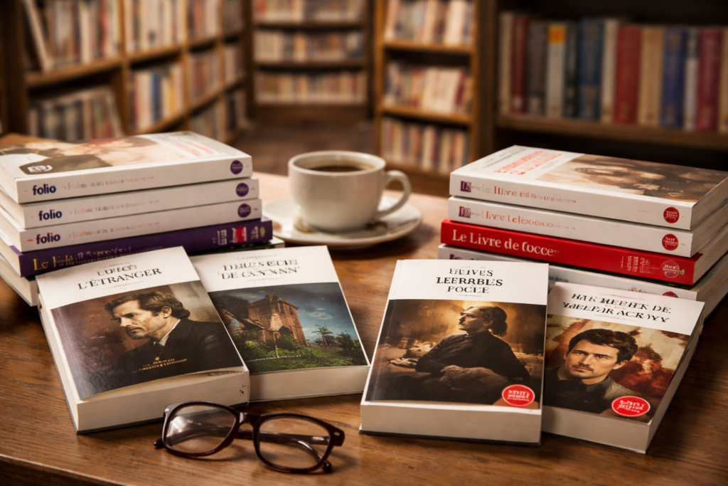 Livres Folio ou Livre de Poche posés sur une table, illustrant les différences d’éditions au format poche