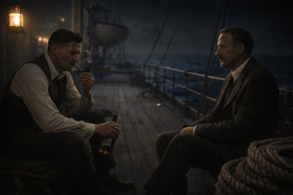 Scène nocturne sur le pont d’un navire, deux hommes face à face dans une atmosphère sombre et introspective, évoquant la confession dans amok de stefan zweig.