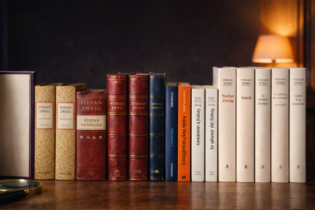 Différentes éditions des œuvres de Stefan Zweig, livres anciens et modernes alignés sur une étagère