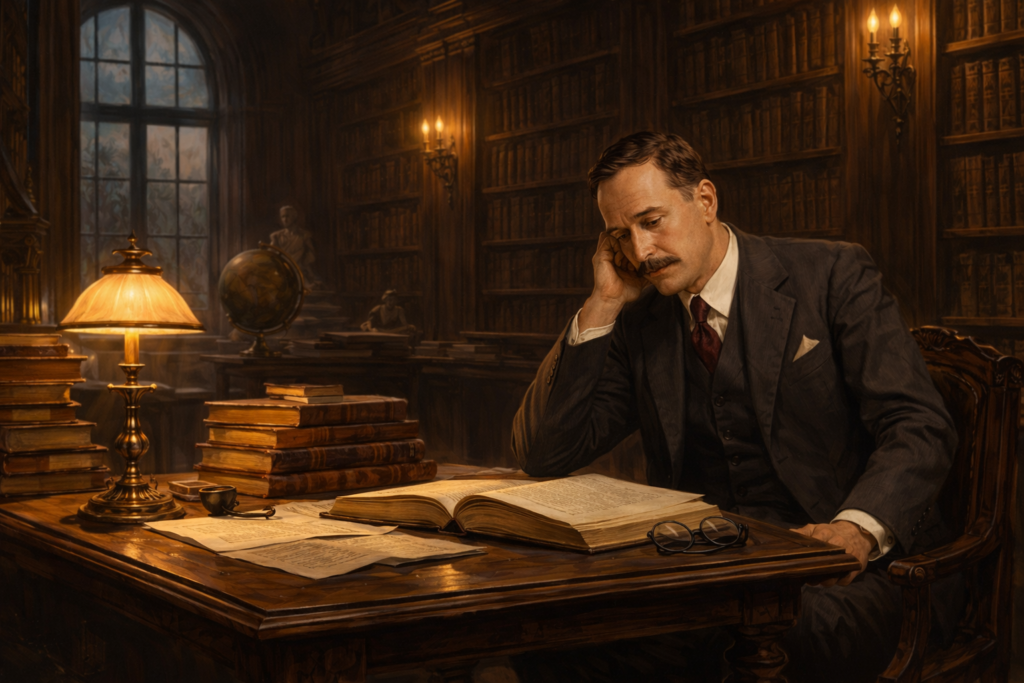 Intérieur de bibliothèque européenne ancienne illustrant la réflexion humaniste et la vision politique de Stefan Zweig.