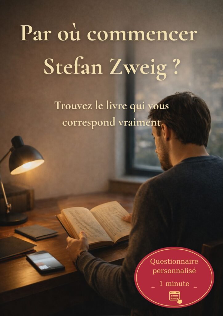 Lecteur assis à un bureau éclairé par une lampe, tenant un livre ouvert, avec un médaillon indiquant un questionnaire personnalisé d’une minute pour choisir par où commencer Stefan Zweig.