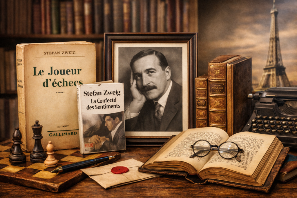 Éditions françaises Stefan Zweig : livres anciens, portrait de l’auteur et différentes éditions sur un bureau en bois