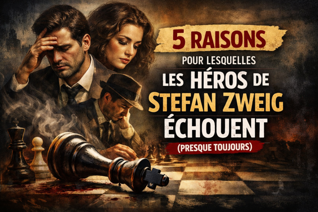 Illustration des héros de Stefan Zweig échouant, ambiance sombre avec échiquier et figures tourmentées