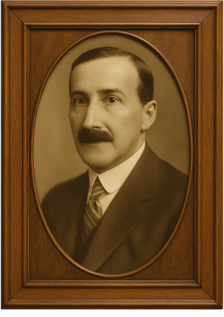 Portrait de Stefan Zweig encadré dans un élégant cadre ovale en bois